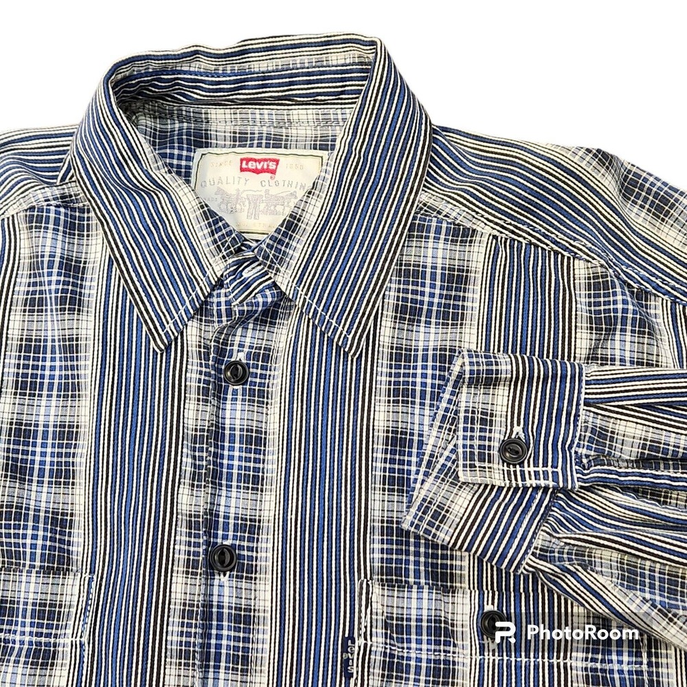 Levi's Men's Shirt L Button Long Sleeve Blue Plaid‎ Striped Cotton Casual